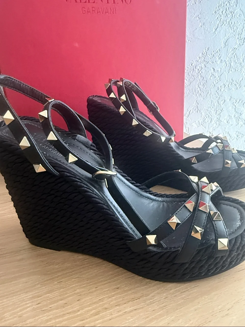 Valentino Black Wedge Sandals with Gold Pyramid Studs